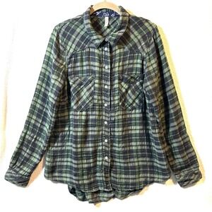 Free People Shirt Jacket M Medium Plaid Gauze Flannel Grunge Boho Western